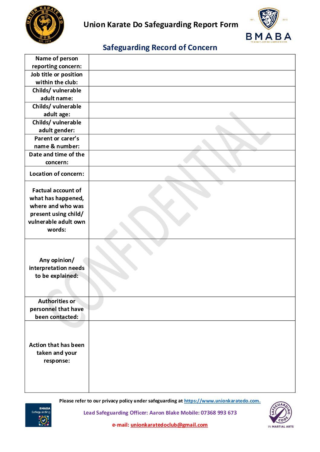 Union Karate Do Safeguarding form (3) | Union Karate Do